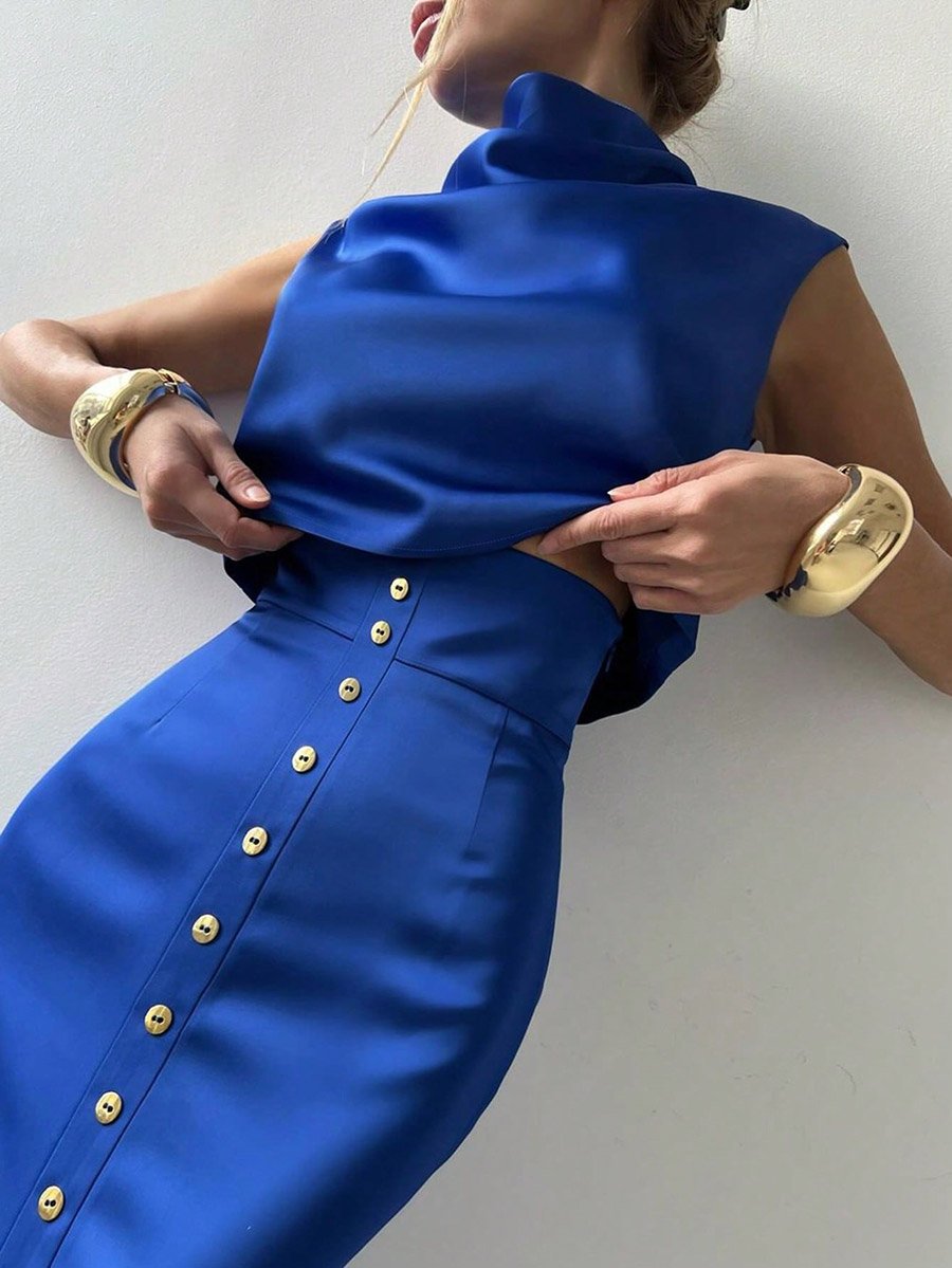 Blue Satin Crop Top and High Rise Maxi Skirt Co-Ords