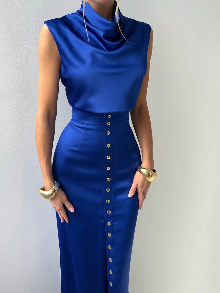 Blue Satin Crop Top and High Rise Maxi Skirt Co-Ords