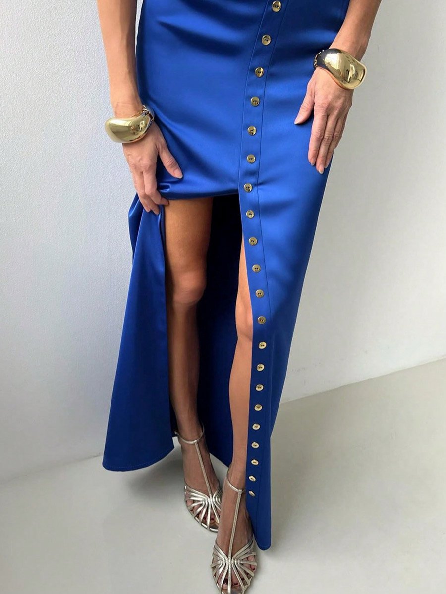 Blue Satin Crop Top and High Rise Maxi Skirt Co-Ords