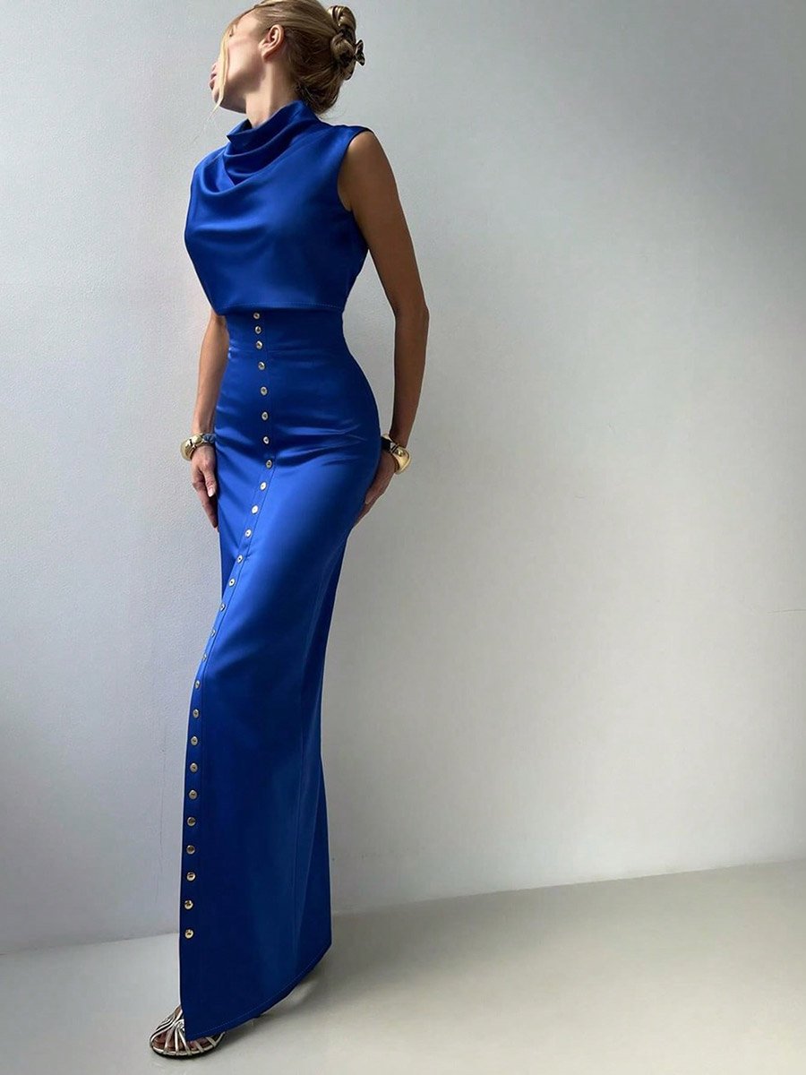 Blue Satin Crop Top and High Rise Maxi Skirt Co-Ords