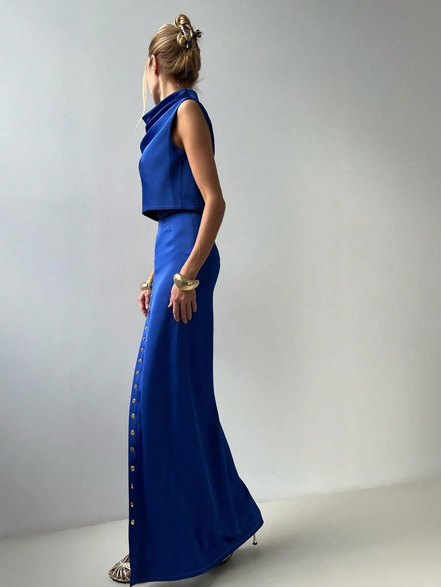 Blue Satin Crop Top and High Rise Maxi Skirt Co-Ords