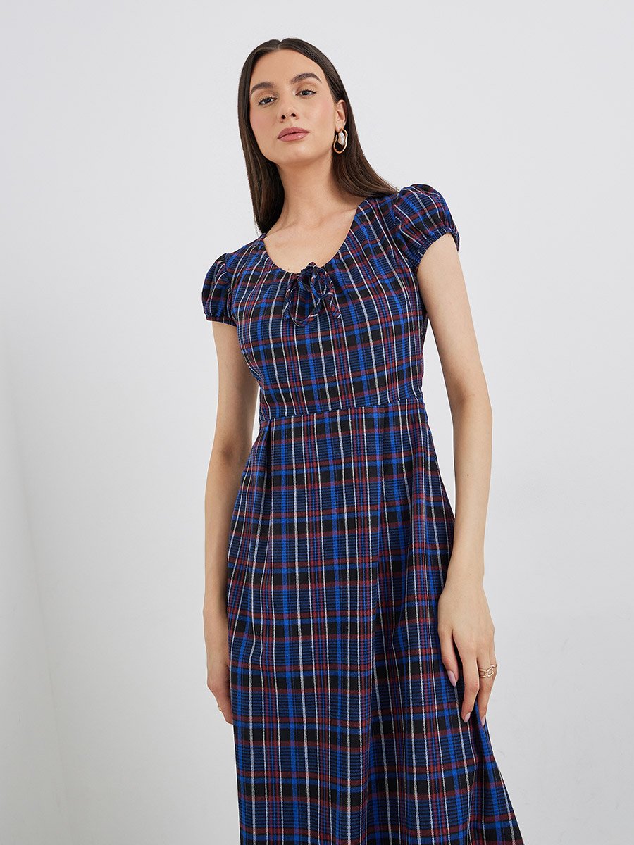 Checked Print Puff Sleeve A-Line Maxi Dress