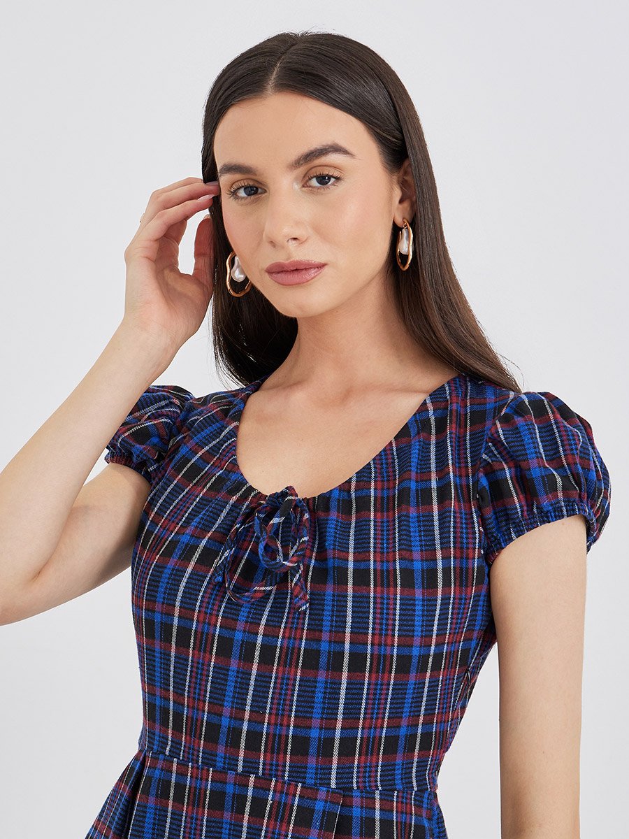 Checked Print Puff Sleeve A-Line Maxi Dress