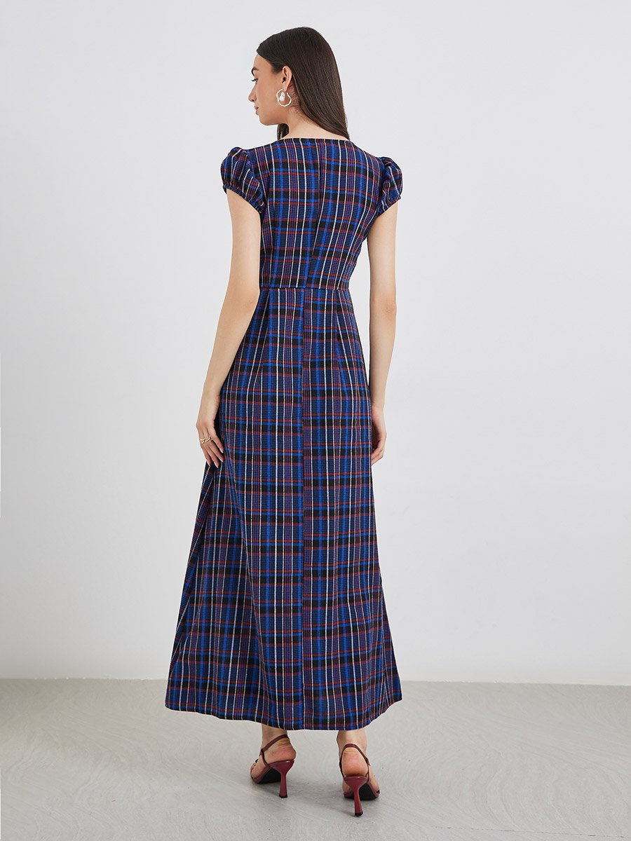 Checked Print Puff Sleeve A-Line Maxi Dress