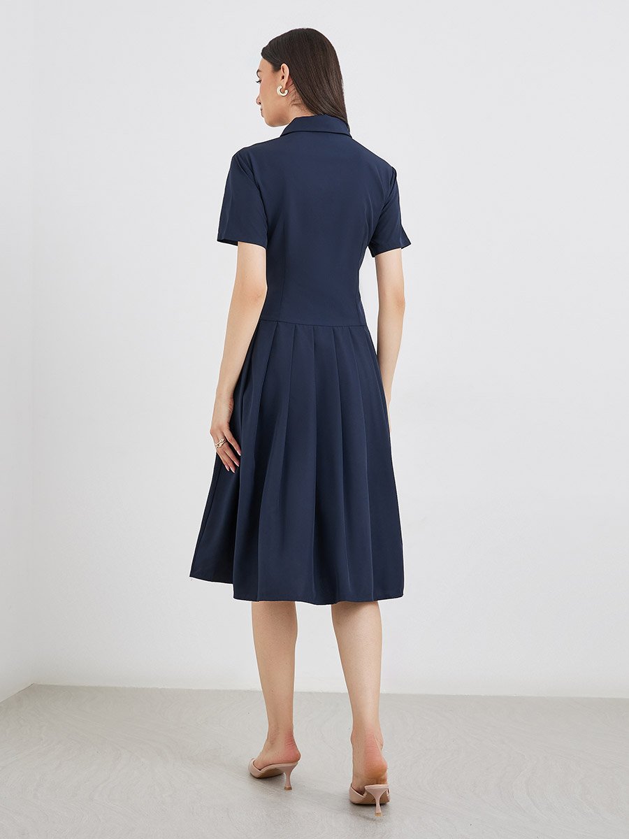 Collared Short Sleeve Pleated Knee Length Dress For Women at UAE | Styli Collared Short Sleeve Pleated Knee Length Dress For Women at UAE | Styli