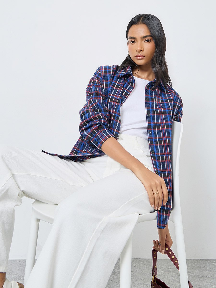 Checked Buttoned Oversized Shirt