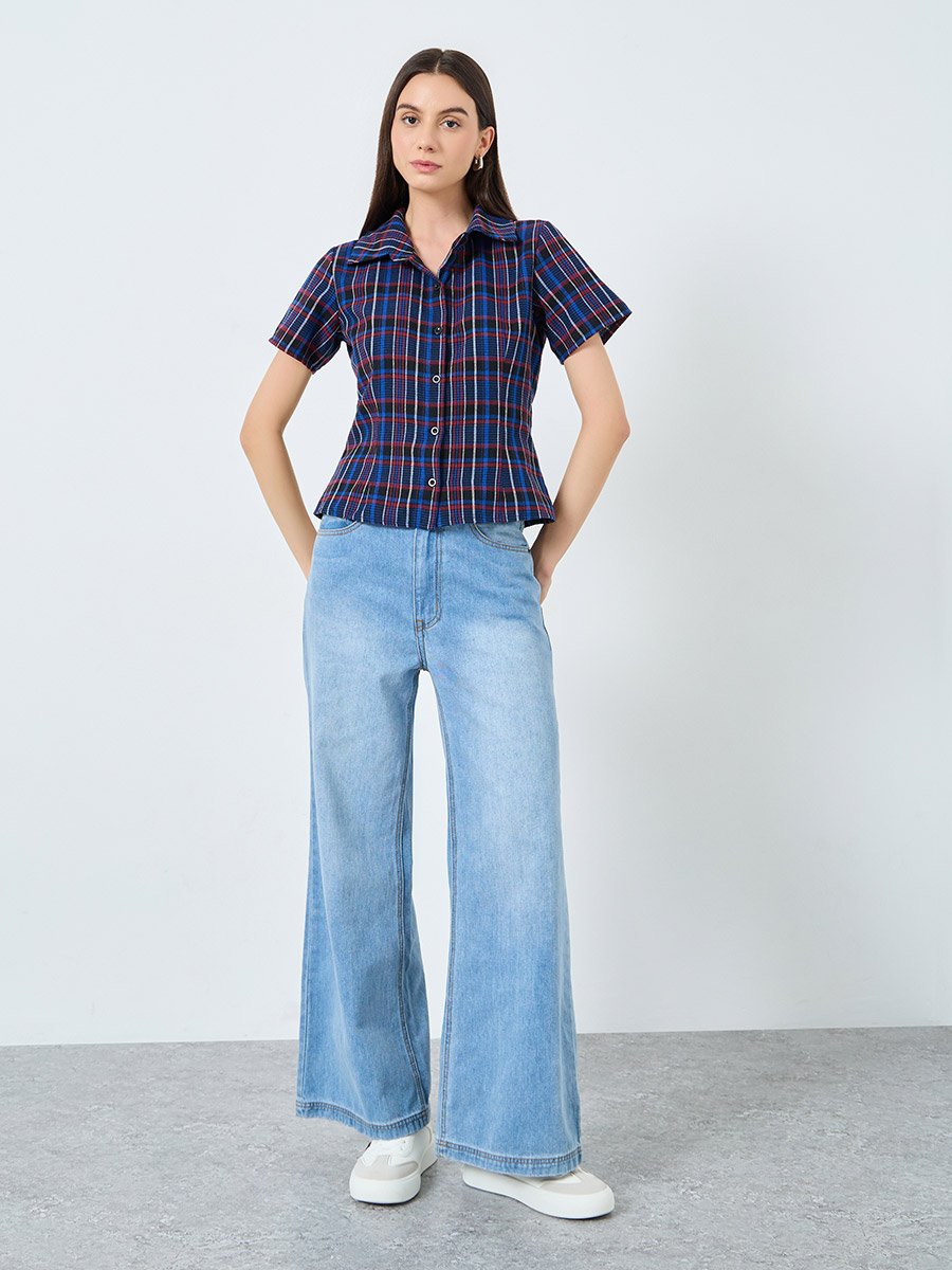 Checked Print Buttoned Spread Collar Shirt