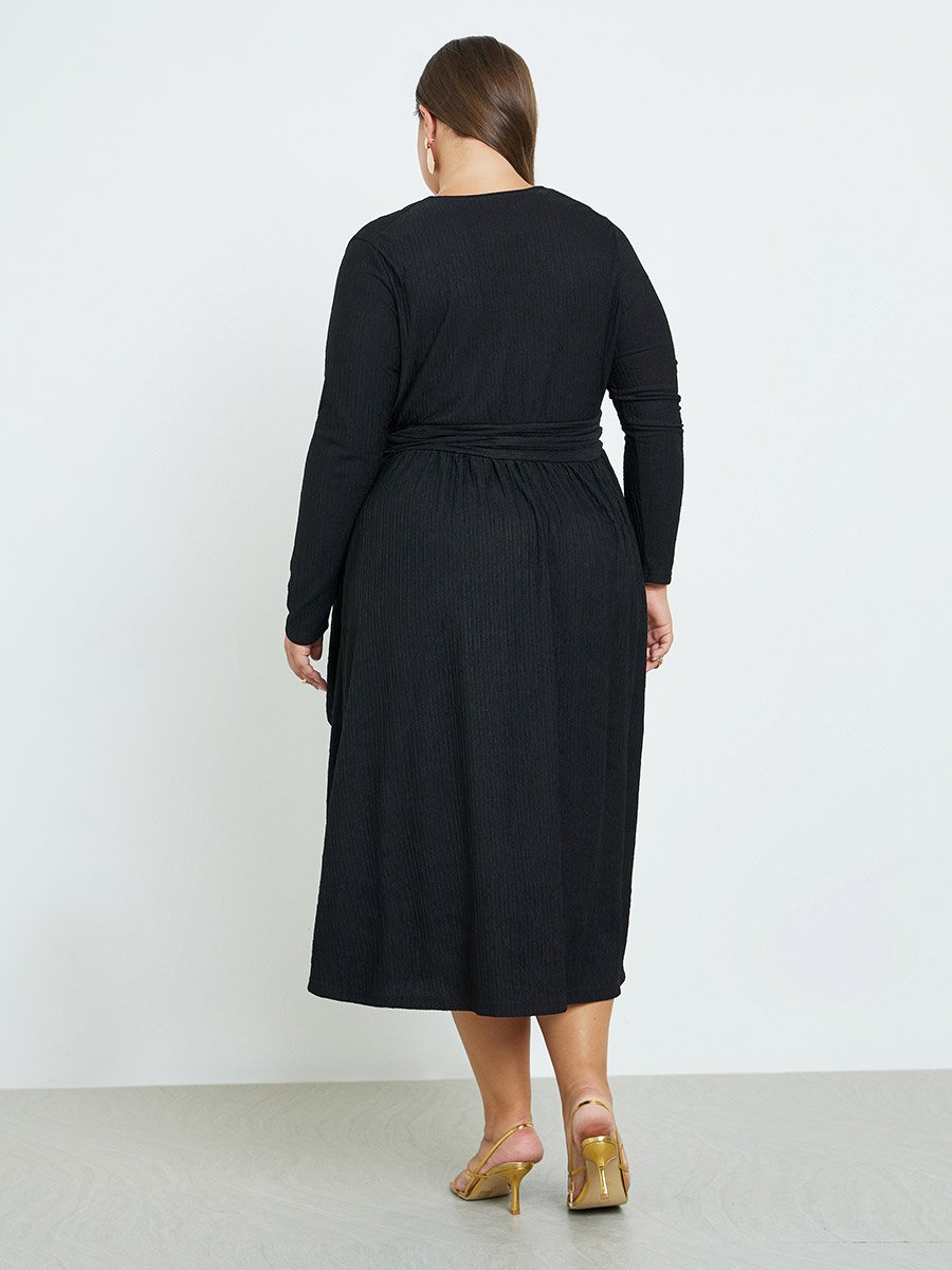 Plus Size Black Midi Wrap Dress
