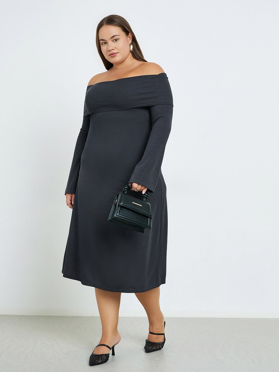 Plus Size Bardot Neck Ribbed Midi Dress