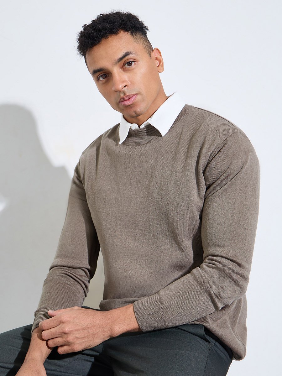 Nude Solid High Neck Regular Fit Knit Sweater