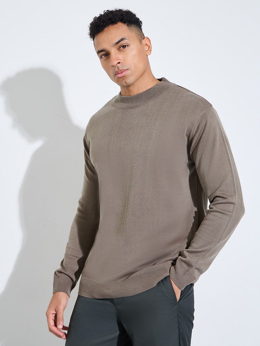 Nude Solid High Neck Regular Fit Knit Sweater
