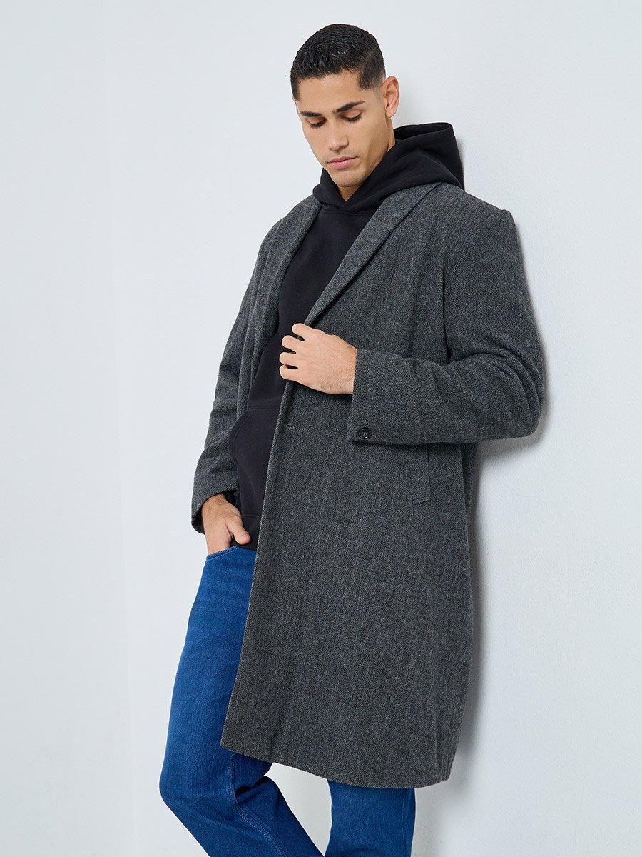 Men Grey Oversized Textured Buttoned Coat