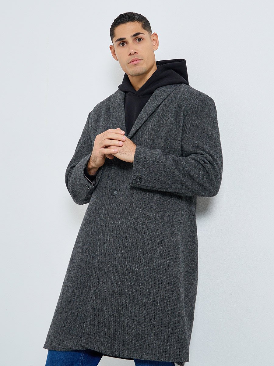 Men Grey Oversized Textured Buttoned Coat