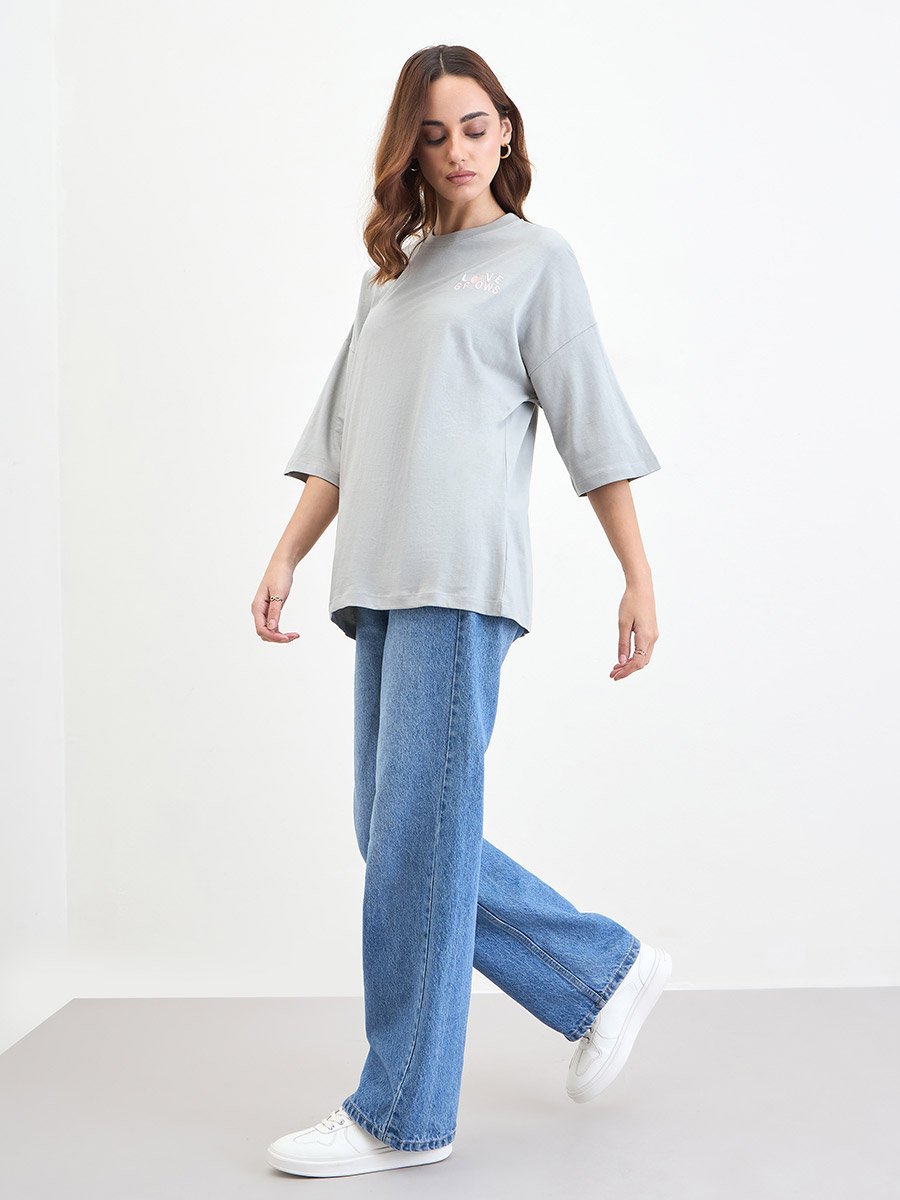 Grey Oversized T-Shirt with 3/4 Sleeves