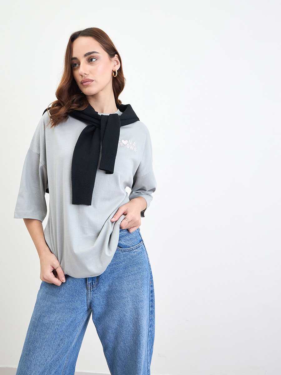 Grey Oversized T-Shirt with 3/4 Sleeves
