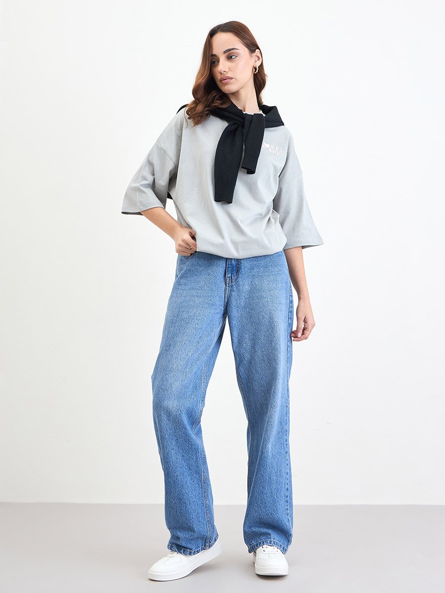 Grey Oversized T-Shirt with 3/4 Sleeves