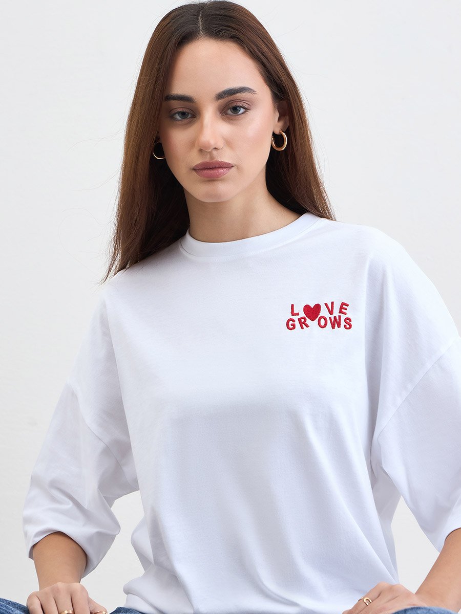 White Slogan Oversized T-Shirt with 3/4 Sleeves