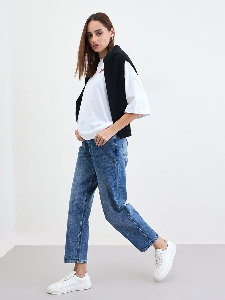 White Slogan Oversized T-Shirt with 3/4 Sleeves