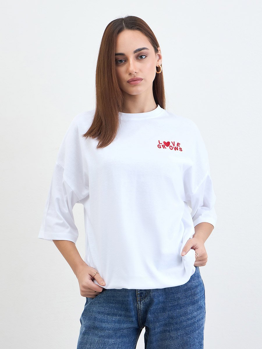 White Slogan Oversized T-Shirt with 3/4 Sleeves