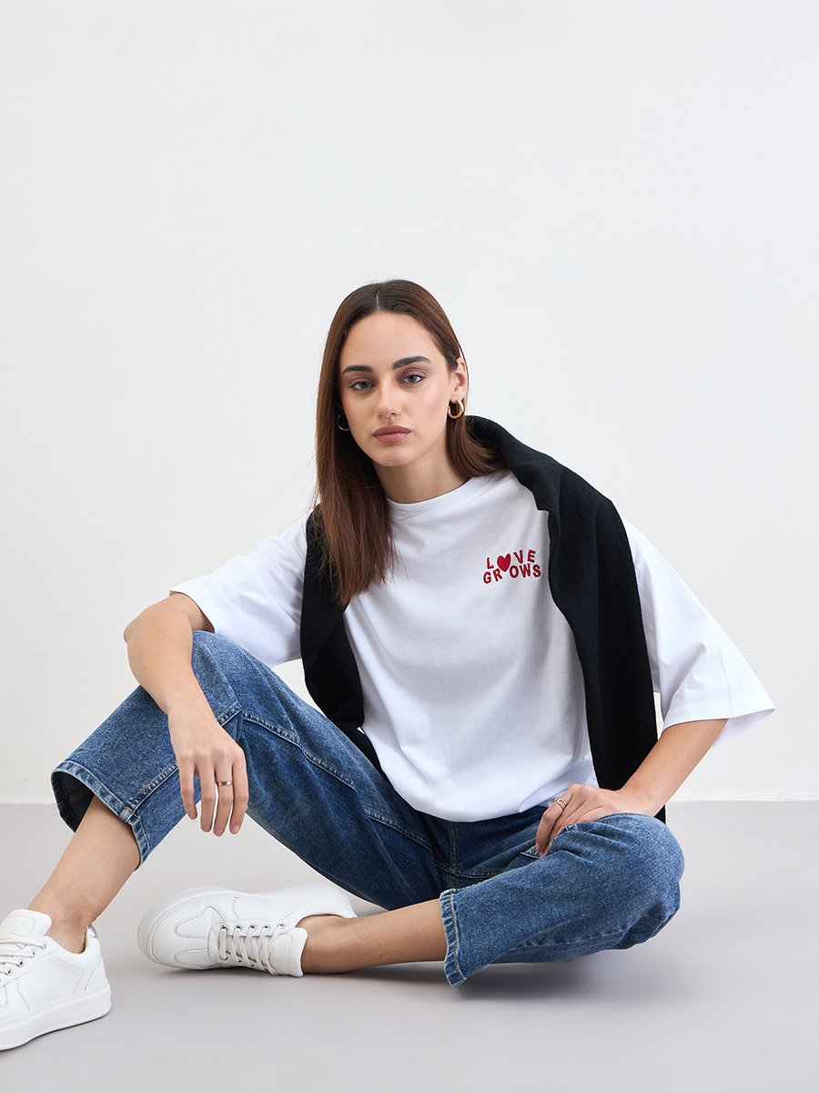 White Slogan Oversized T-Shirt with 3/4 Sleeves