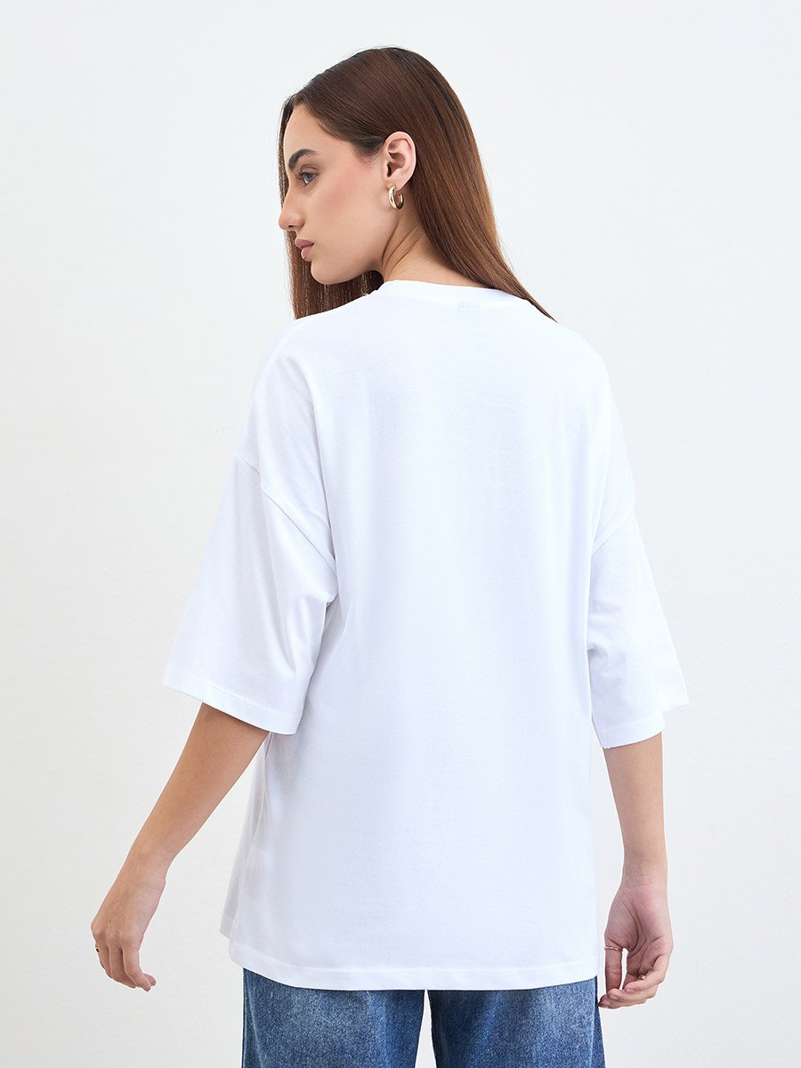 White Slogan Oversized T-Shirt with 3/4 Sleeves