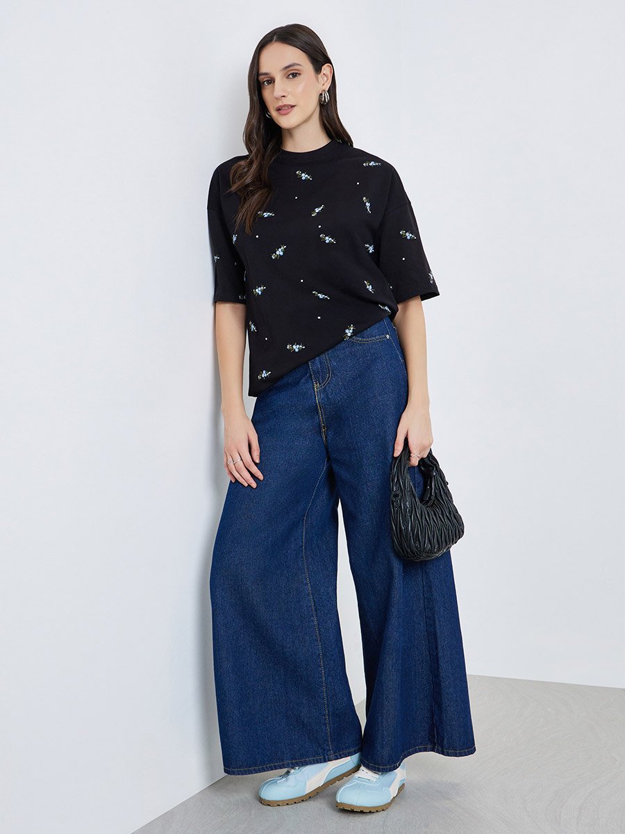 Black Embroidered Sequined Oversized T-Shirt