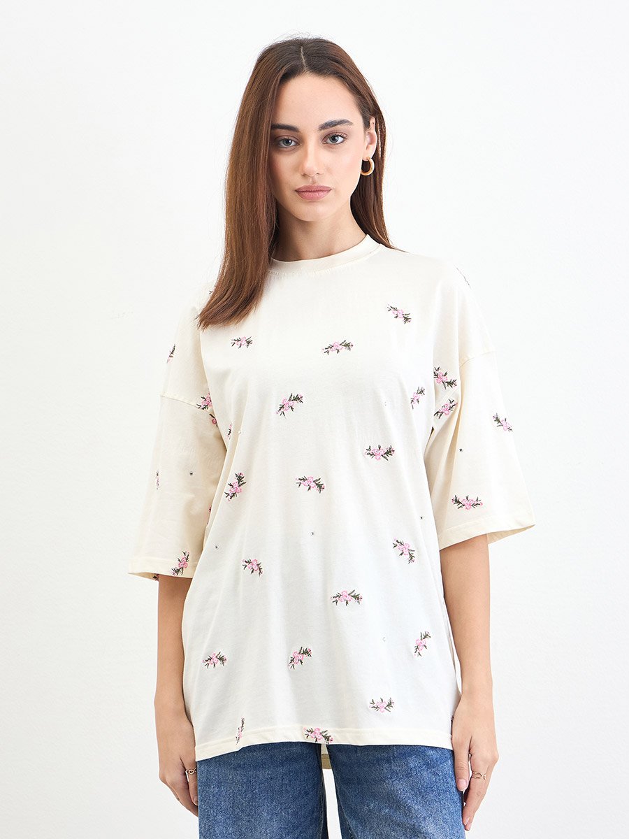 Cream Embroidered Sequined Oversized T-Shirt