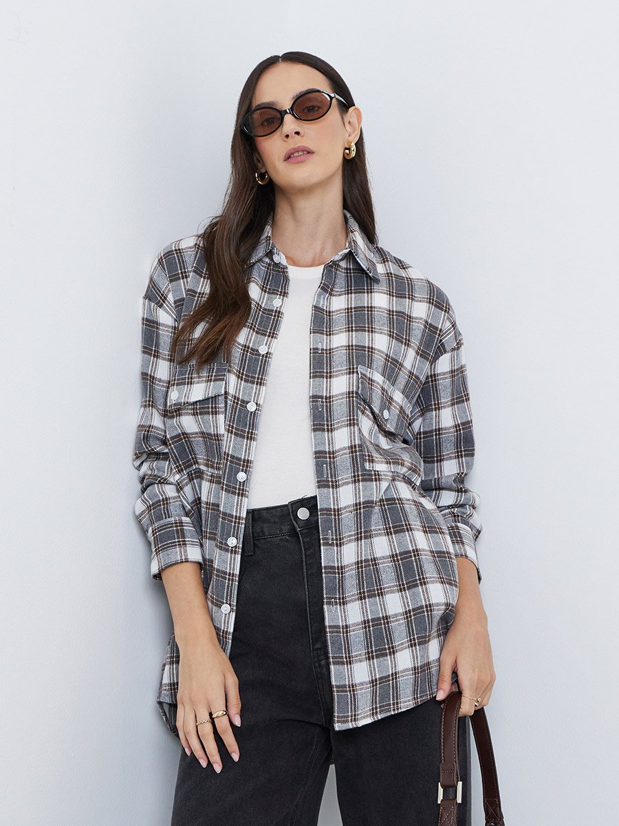 Oversized Checked Print Buttoned Shirt