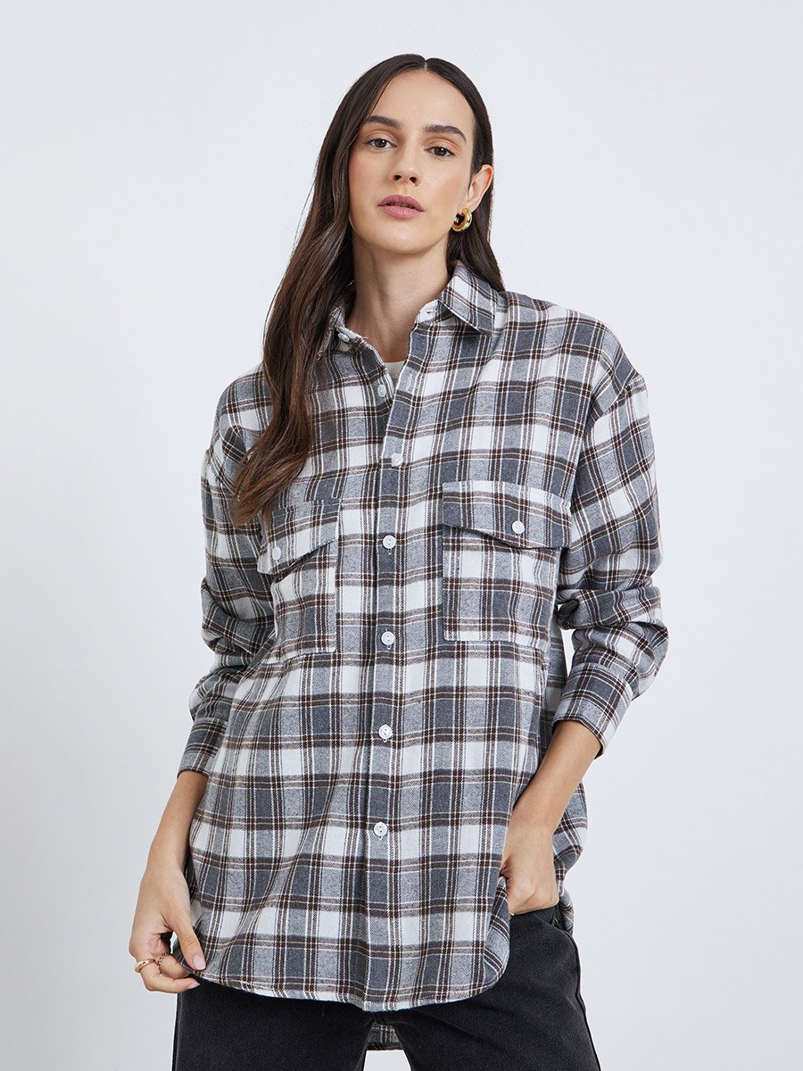 Oversized Checked Print Buttoned Shirt