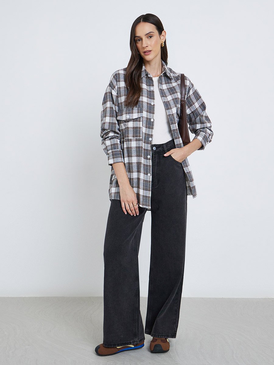 Oversized Checked Print Buttoned Shirt