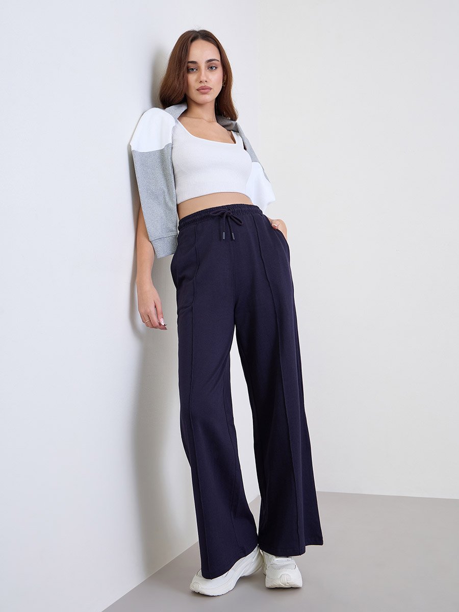 Women Navy Blue Wide Leg Joggers