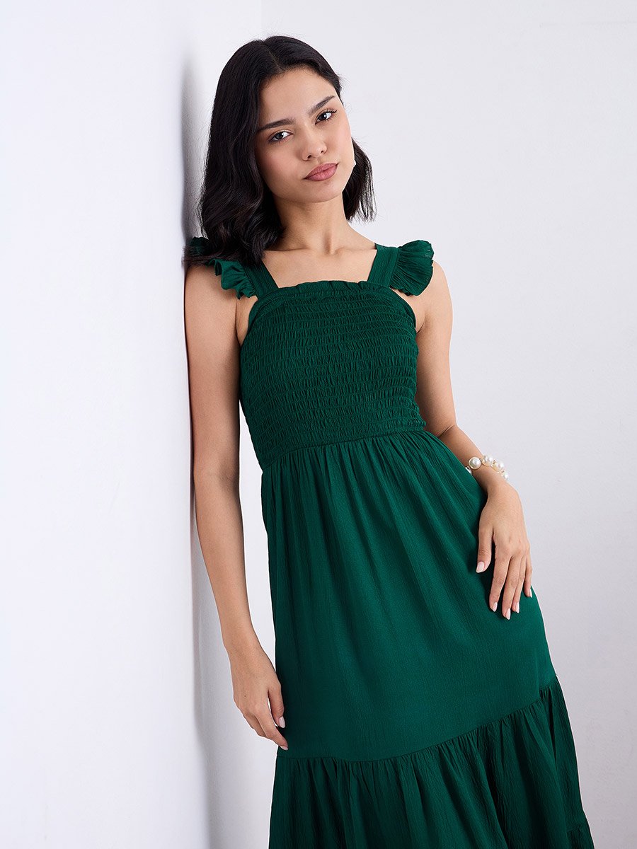 Green Ruffled Sleeves Smocked Maxi Dress