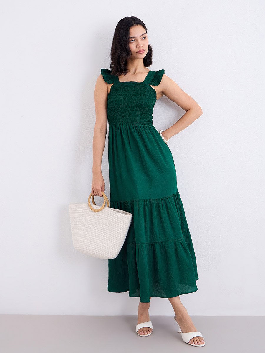Green Ruffled Sleeves Smocked Maxi Dress