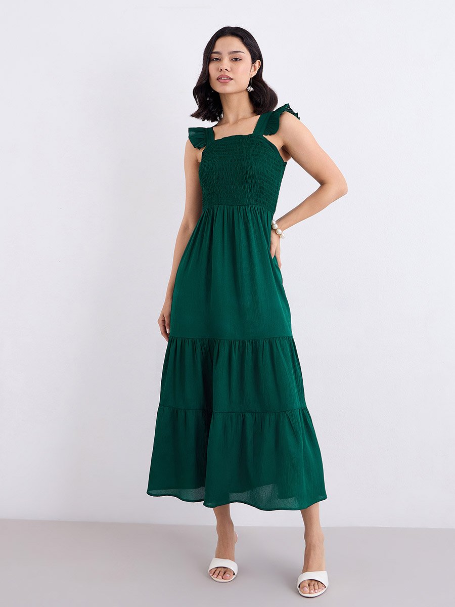Green Ruffled Sleeves Smocked Maxi Dress