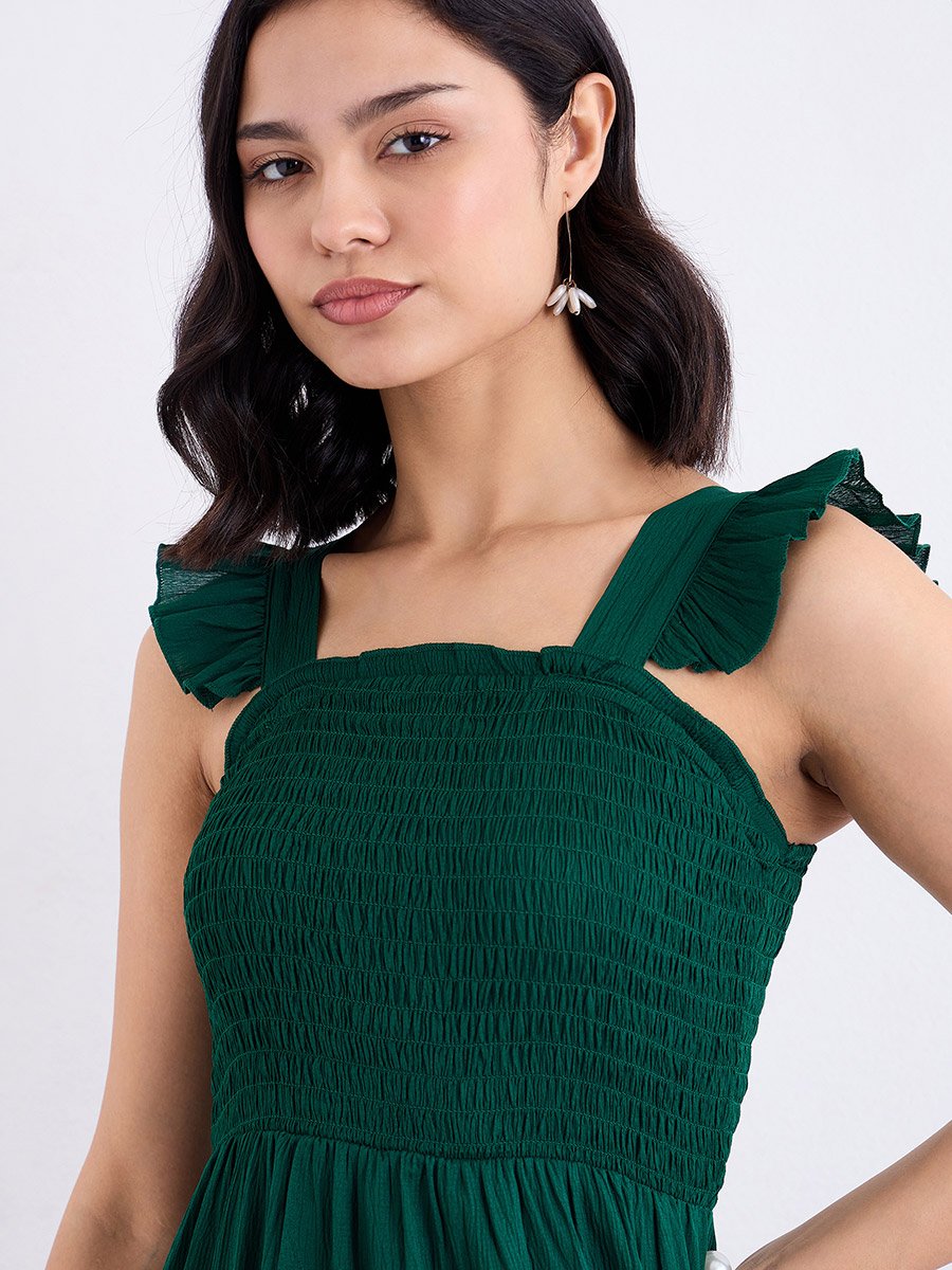 Green Ruffled Sleeves Smocked Maxi Dress
