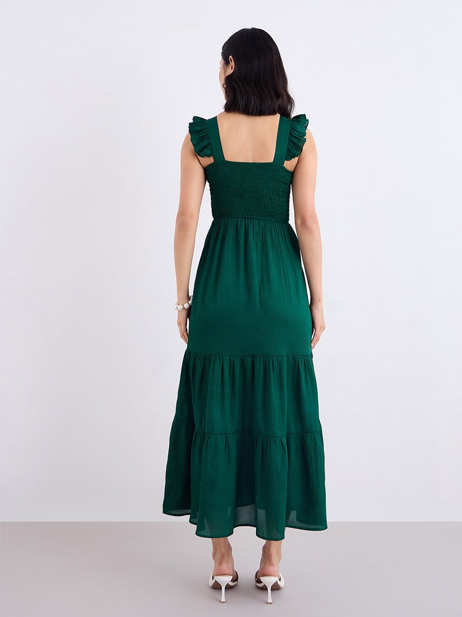 Green Ruffled Sleeves Smocked Maxi Dress