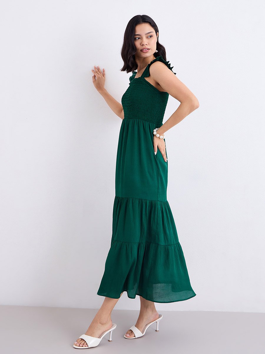 Green Ruffled Sleeves Smocked Maxi Dress