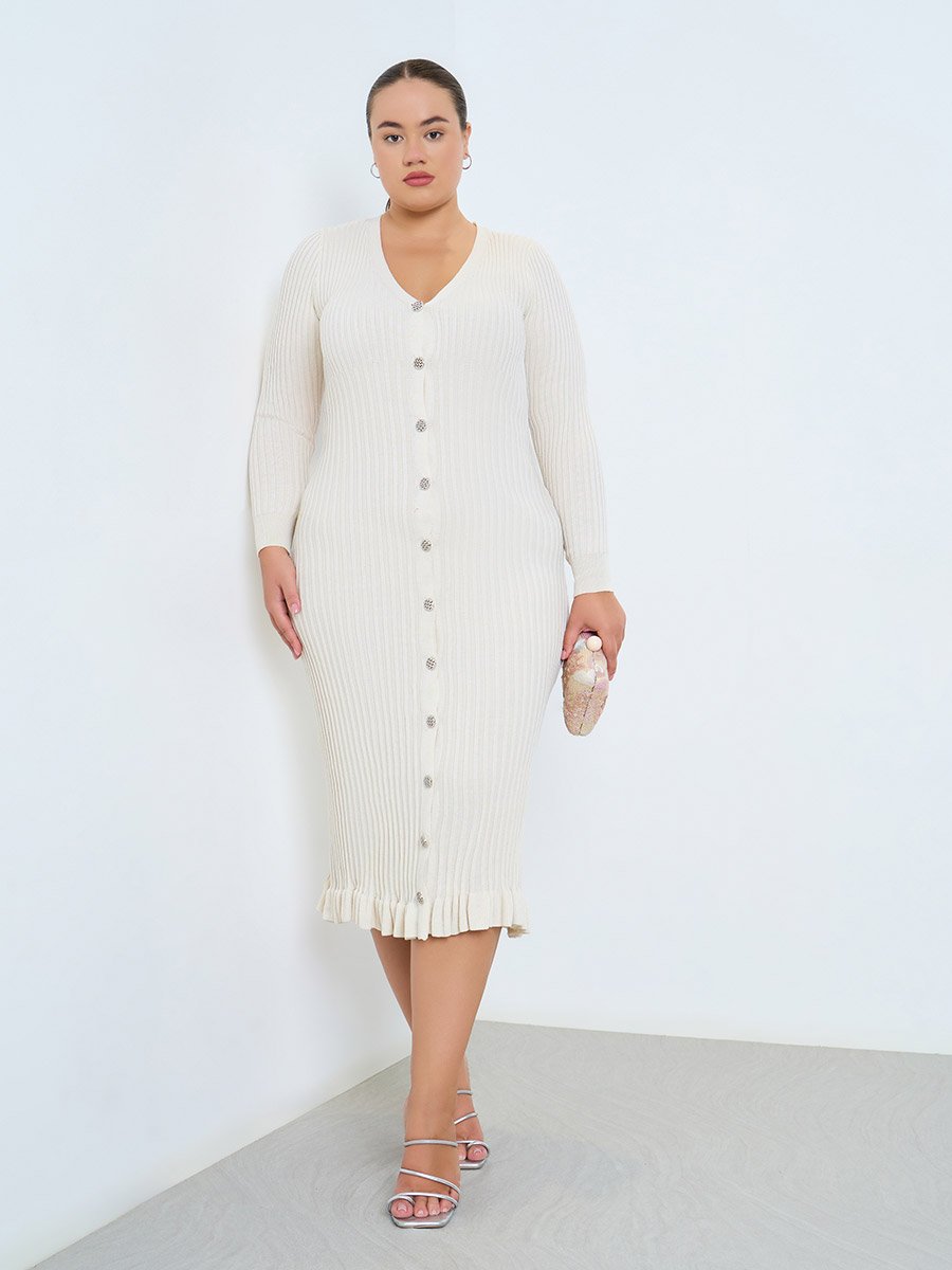 Plus Size Knitted Buttoned Midi Dress 