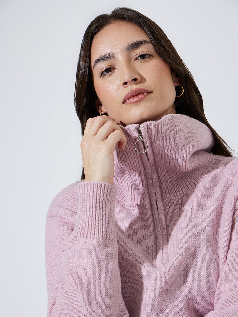 Pink Regular Fit Half-Zip Knit Sweater