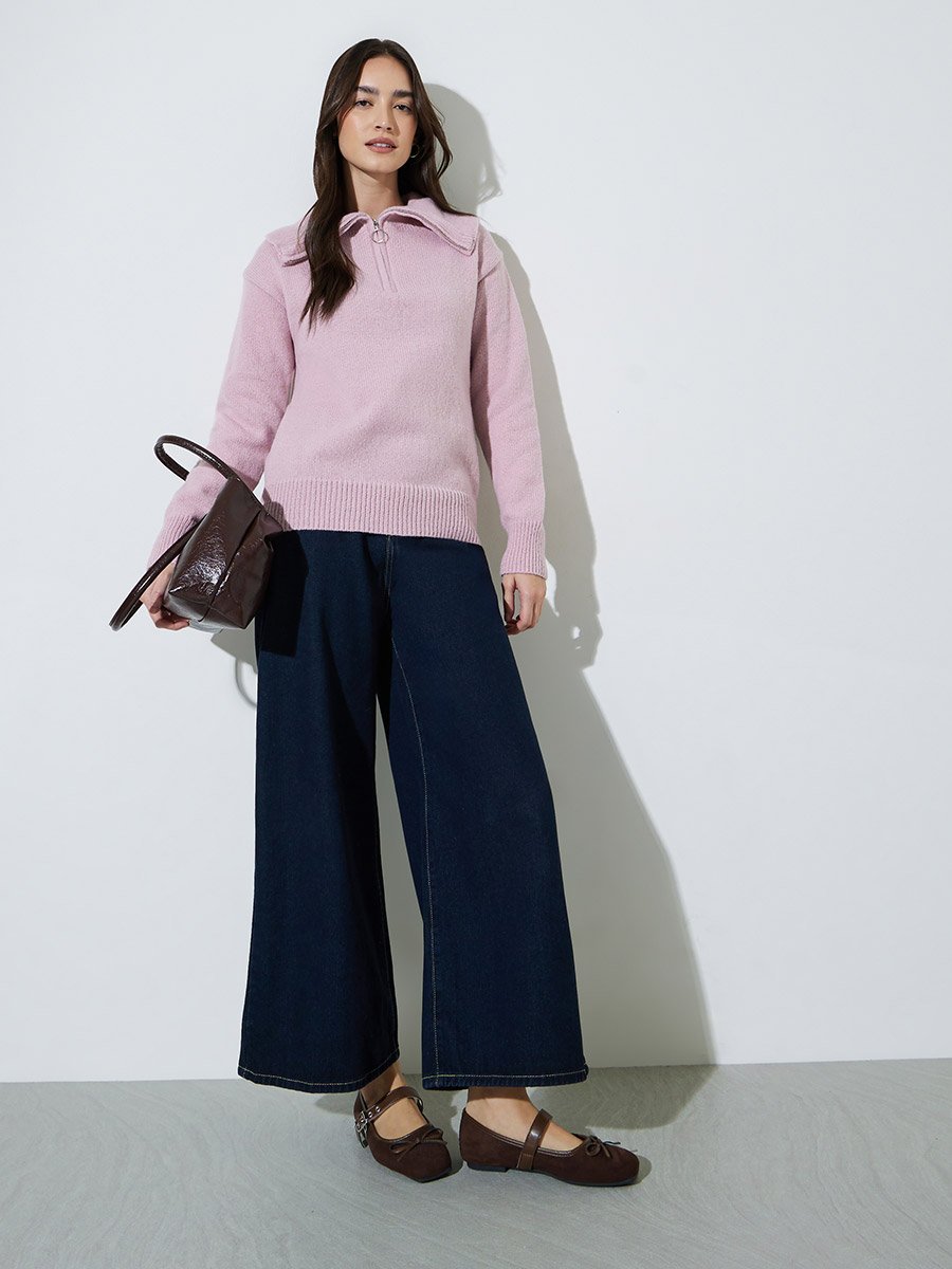Pink Regular Fit Half-Zip Knit Sweater