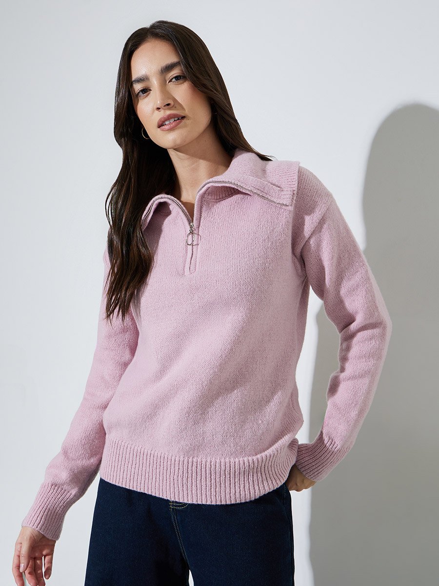 Pink Regular Fit Half-Zip Knit Sweater