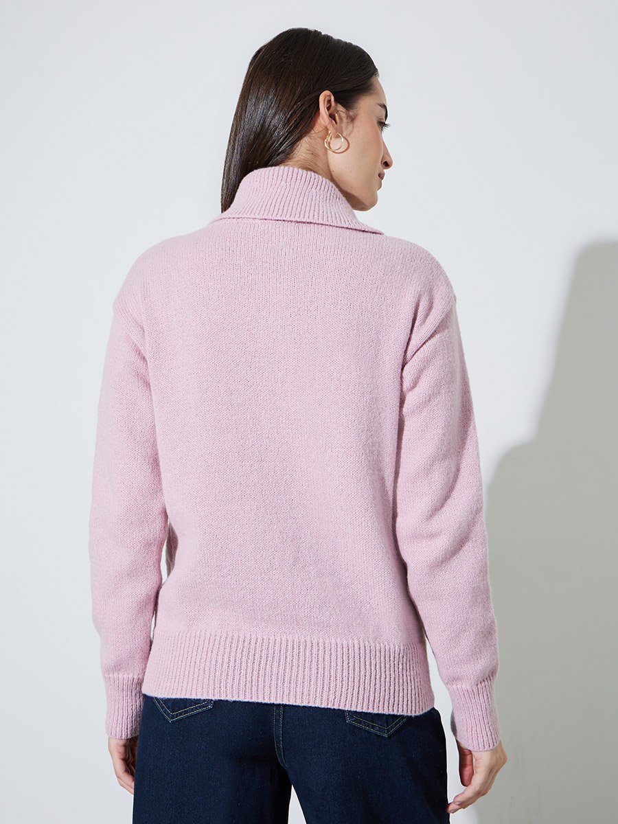 Pink Regular Fit Half-Zip Knit Sweater