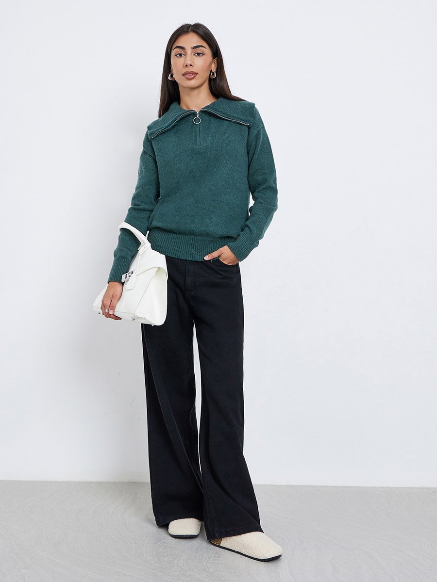 Dark Green Regular Fit Half-Zip Knit Sweater