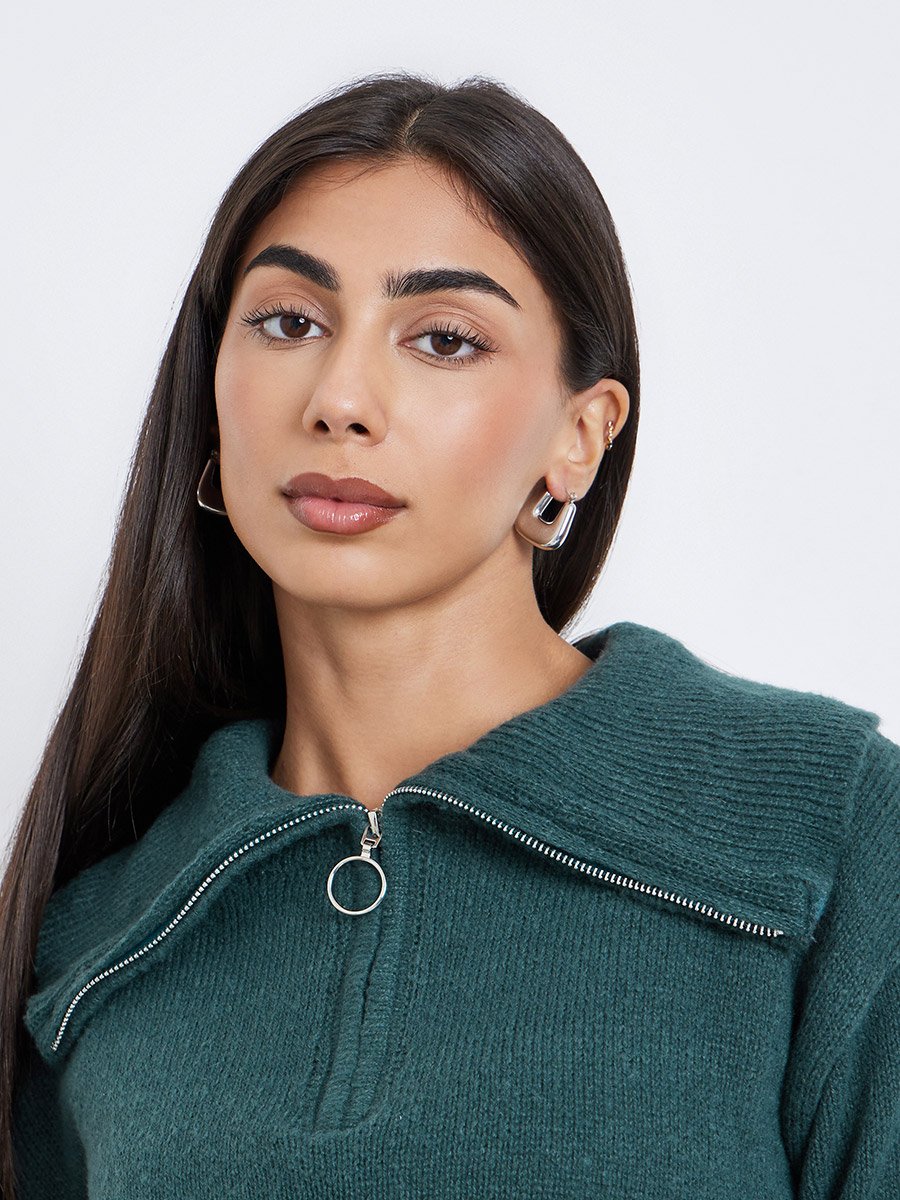 Dark Green Regular Fit Half-Zip Knit Sweater