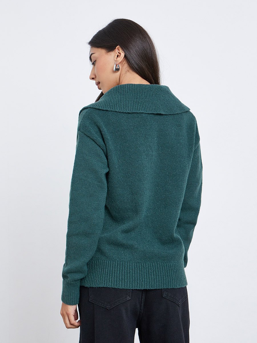 Dark Green Regular Fit Half-Zip Knit Sweater