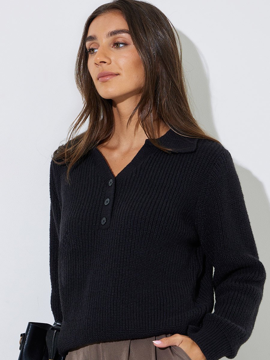 Black Regular Fit Knit Sweater with Button Placket