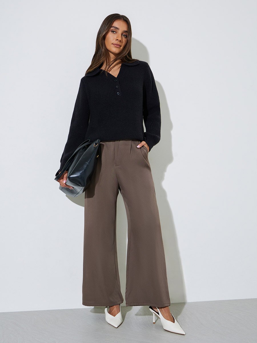 Black Regular Fit Knit Sweater with Button Placket