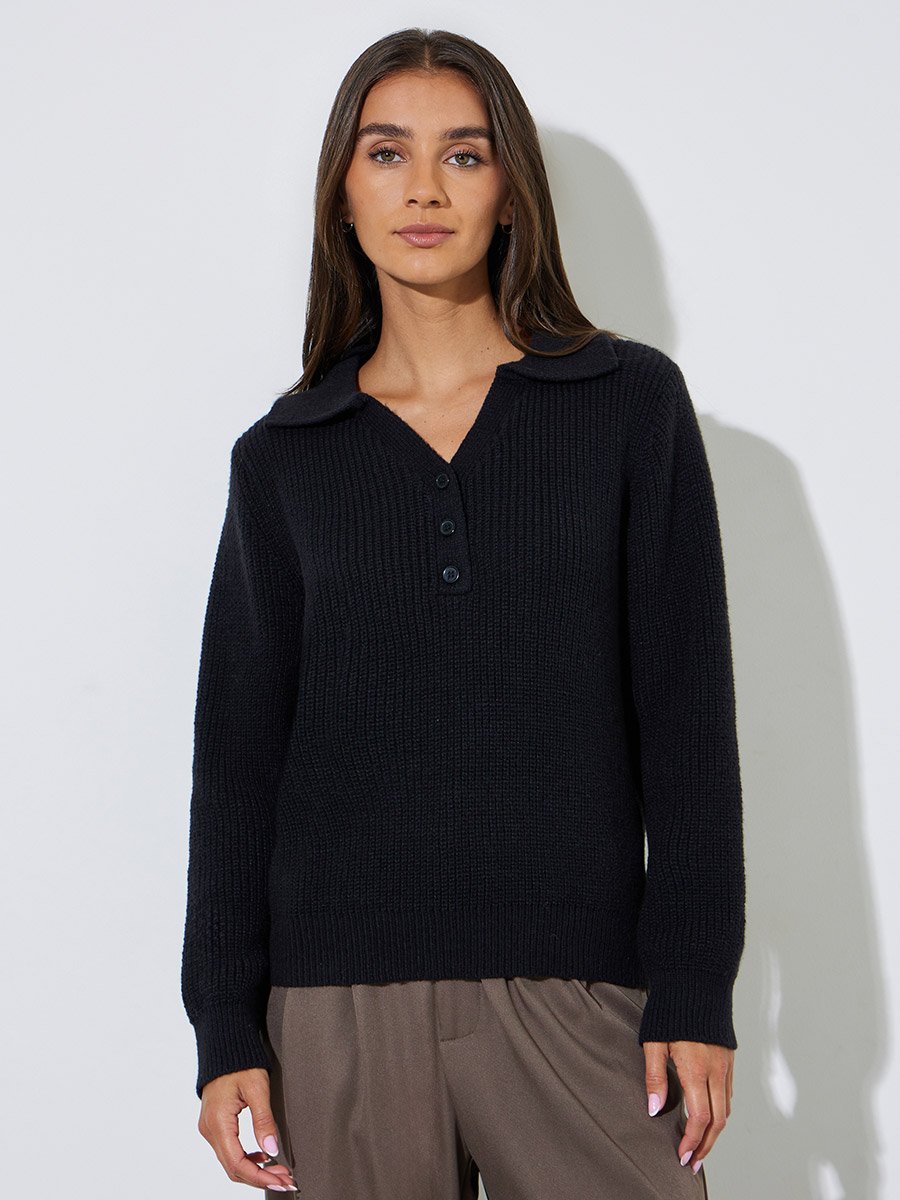 Black Regular Fit Knit Sweater with Button Placket