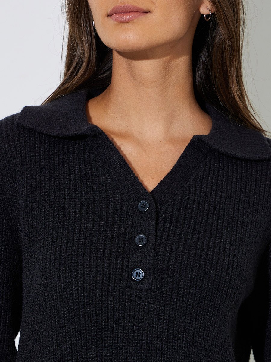 Black Regular Fit Knit Sweater with Button Placket