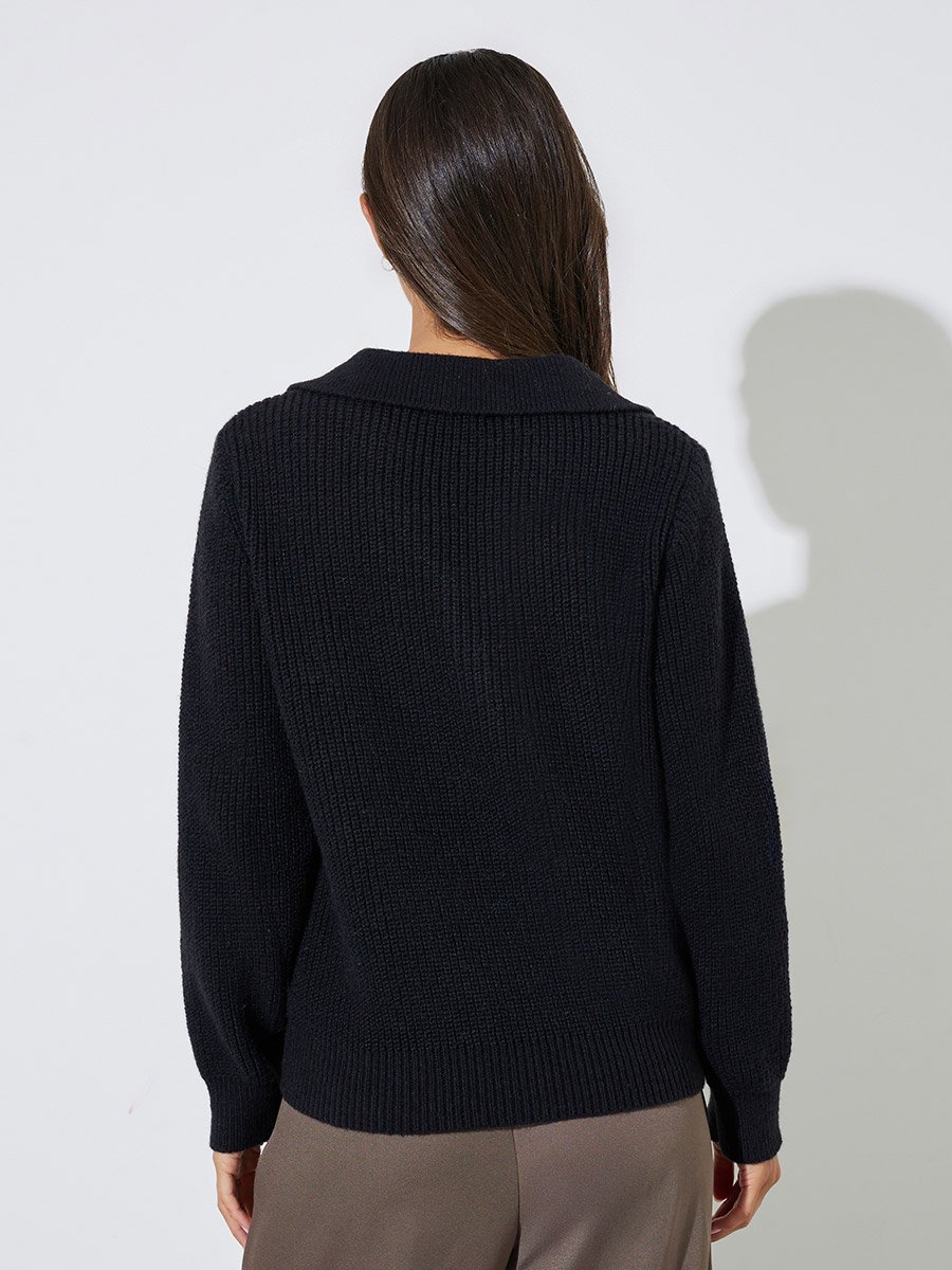 Black Regular Fit Knit Sweater with Button Placket